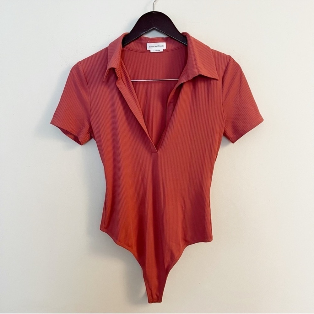 Lovers and Friends Pink Ribbed V-Neck Polo Collar Bodysuit Small Short Sleeves